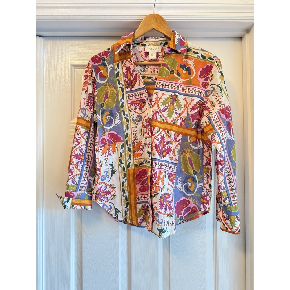 Calypso St Barth Button Down Shirt Womens Small Multicolor Patchwork Cotton Boho